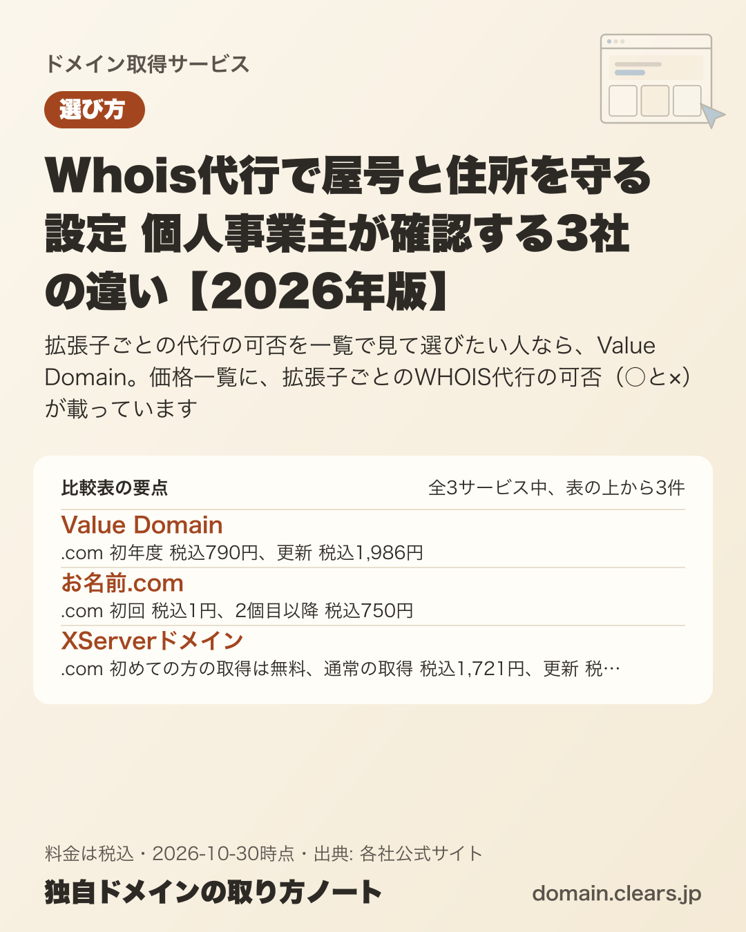 Whois代行で屋号と住所を守る設定 個人事業主が確認する3社の違い【2026年版】の比較表の要点